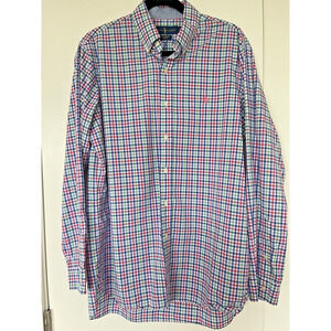 Polo Ralph Lauren Men’s M Pink Green Gingham Stretch Logo Pony Button Down Shirt